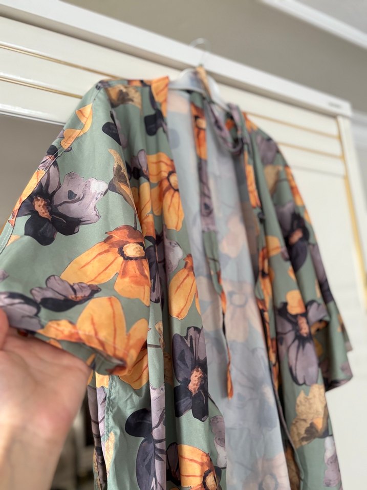 Uzun Bohem Kadın Kimono Gri Çiçek Desenli - Görsel 3