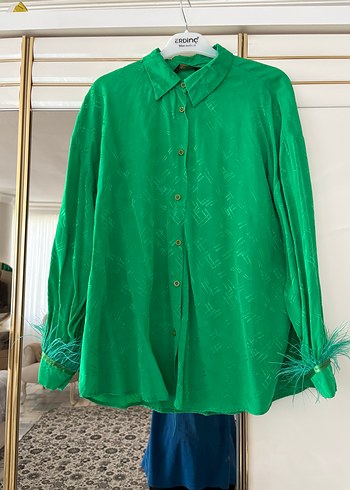 Parlak Yeşil, Düğmeli, Uzun Kollu Kadın Gömlek - Görsel 3