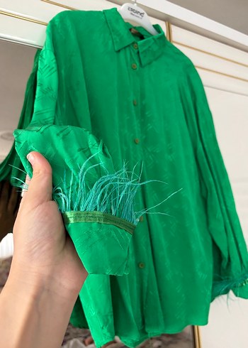 Parlak Yeşil, Düğmeli, Uzun Kollu Kadın Gömlek - Görsel 5
