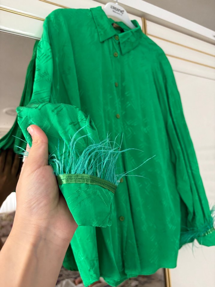 Parlak Yeşil, Düğmeli, Uzun Kollu Kadın Gömlek - Görsel 5