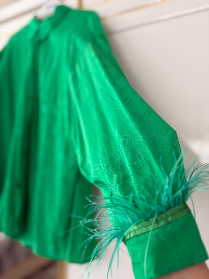 Parlak Yeşil, Düğmeli, Uzun Kollu Kadın Gömlek - Görsel 2