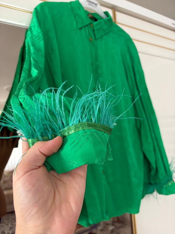 Parlak Yeşil, Düğmeli, Uzun Kollu Kadın Gömlek - Görsel 4