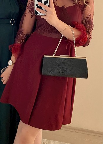 Bordo Straplez Nakışlı Kadın Elbise