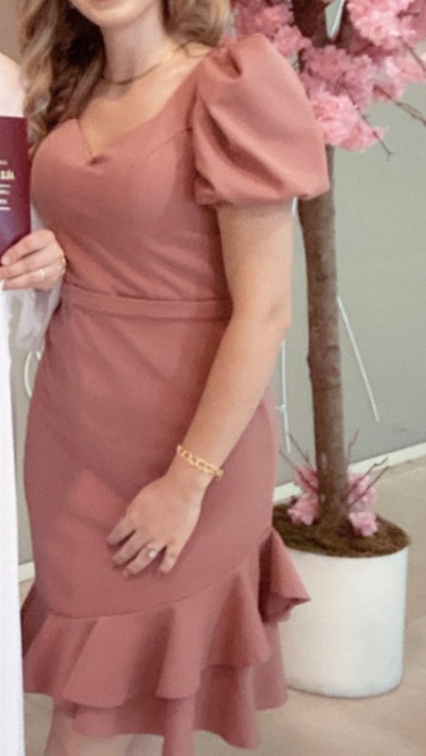 Pudra rengi Midi Volanlı elbise - Görsel 2