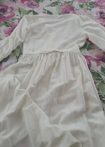 Düğmeli V Yaka krem Uzun Keten Elbise - Görsel 5