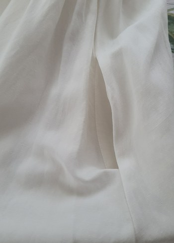 Düğmeli V Yaka krem Uzun Keten Elbise - Görsel 8