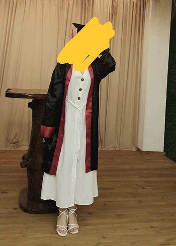 Düğmeli V Yaka krem Uzun Keten Elbise - Görsel 2