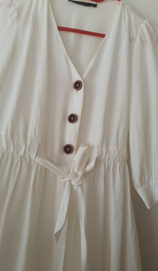 Düğmeli V Yaka krem Uzun Keten Elbise - Görsel 3