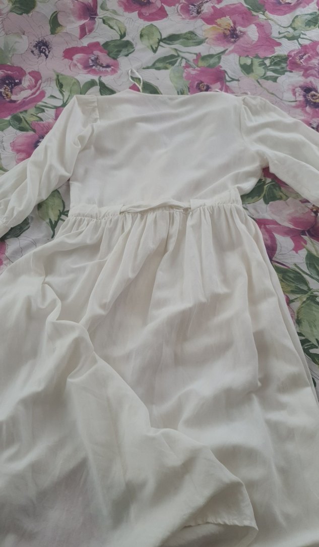 Düğmeli V Yaka krem Uzun Keten Elbise - Görsel 5