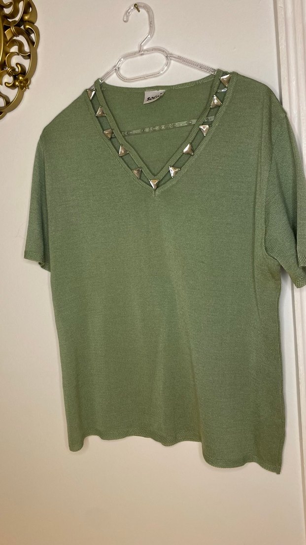 Düğmeli Yeşil Keten Kadın t-shirt - Görsel 4