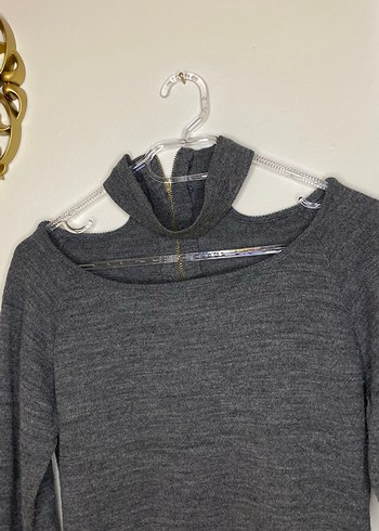 Gri Yüksek Yakalı Kadın Triko Kazak - Görsel 2
