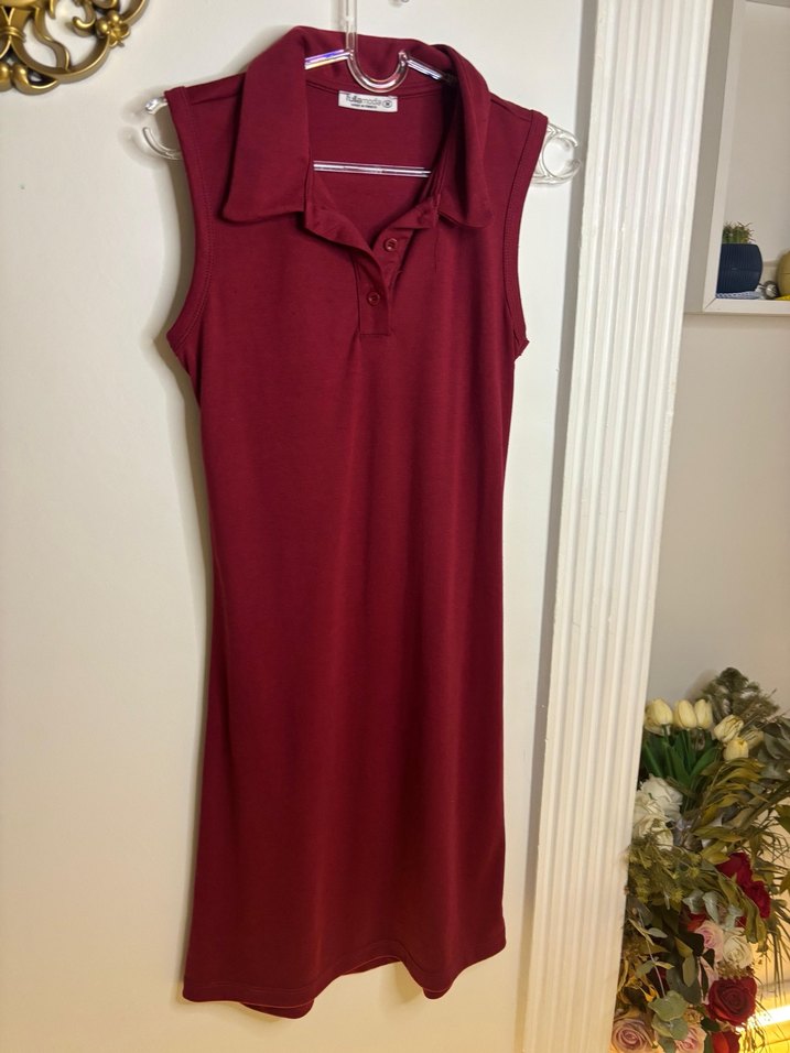 Bordo Midi Kolsuz Polo Yaka Elbise - Görsel 2