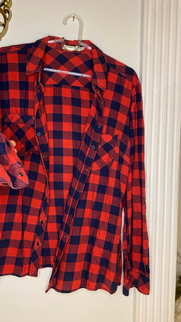 Kadın Kırmızı Kareli Düğmeli Gömlek - Görsel 2