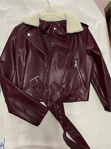 Zara bordo deri ceket kürklü