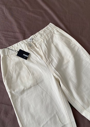 Keten Beyaz Rahat Kesim Kadın Pantolon - Görsel 2