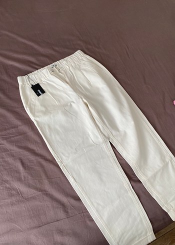 Keten Beyaz Rahat Kesim Kadın Pantolon - Görsel 3