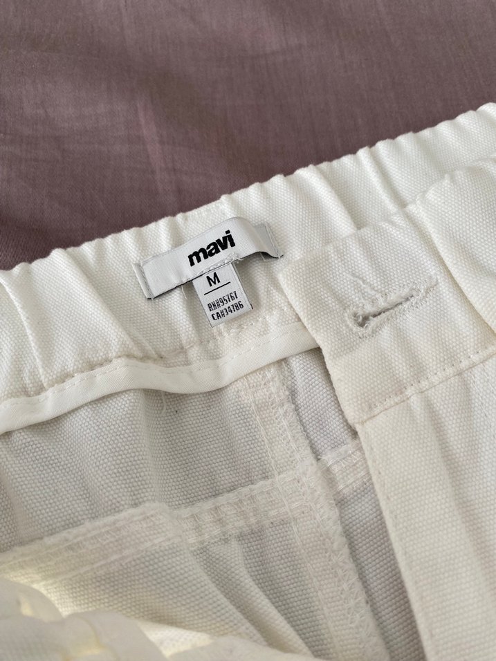 Keten Beyaz Rahat Kesim Kadın Pantolon - Görsel 5