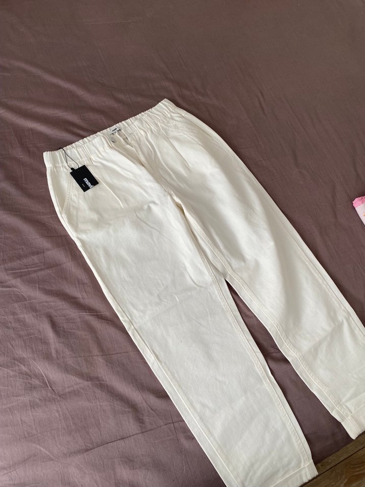 Keten Beyaz Rahat Kesim Kadın Pantolon - Görsel 3