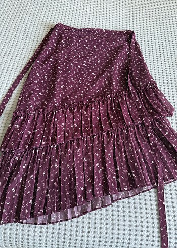H&M Bordo Piliseli Midi Etek