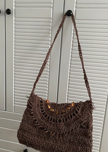 Dantel Detaylı Kahverengi Örgü Bohem Çanta - Görsel 4