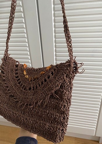Dantel Detaylı Kahverengi Örgü Bohem Çanta - Görsel 3