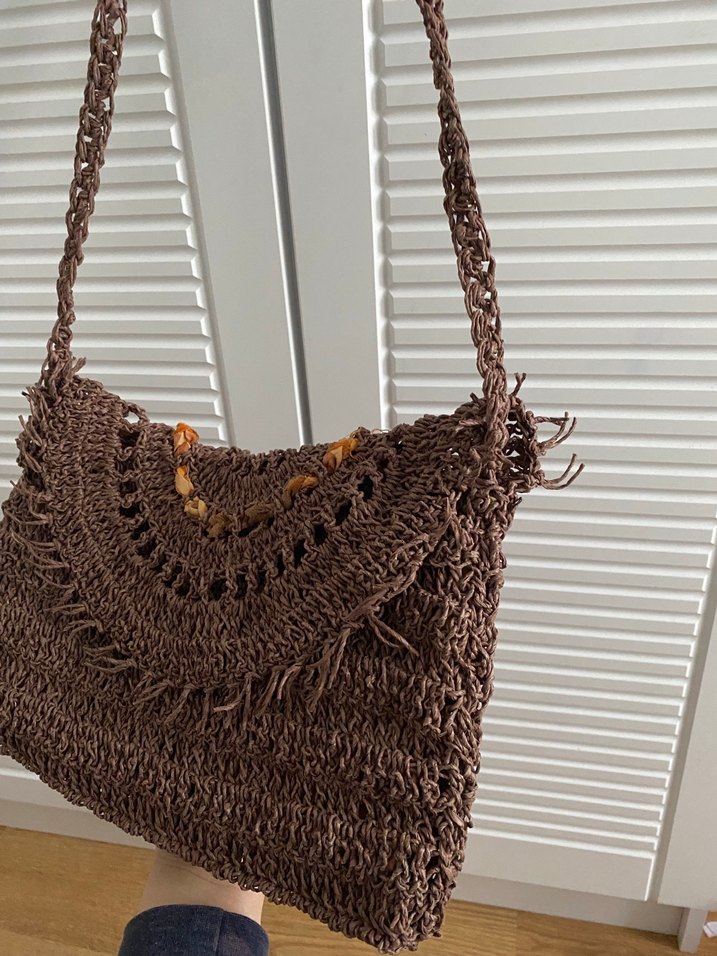 Dantel Detaylı Kahverengi Örgü Bohem Çanta - Görsel 3