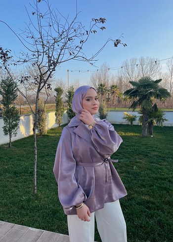 l Beden Mor İpek Görünümlü Drape Detaylı Takım