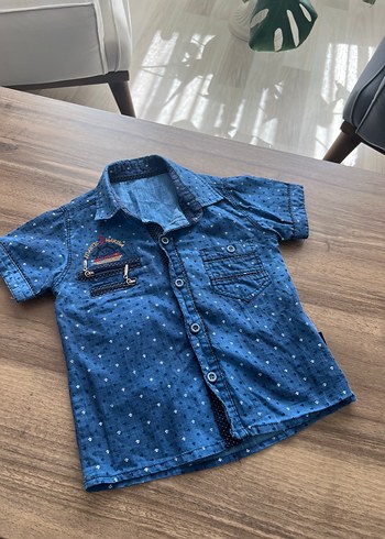 Erkek Çocuk Renkli Baskılı Kısa Kollu Denim Gömlek