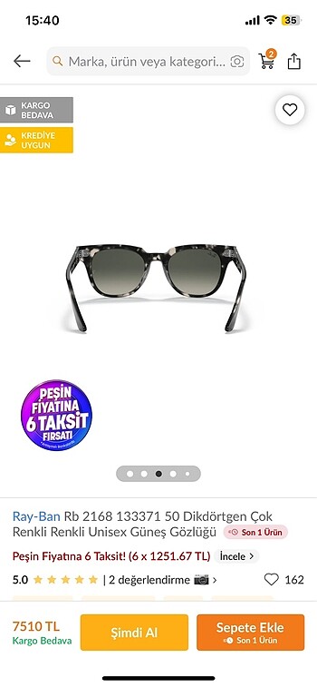  Beden Rayban rb2168 133371 50 meteor güneş gözlüğü