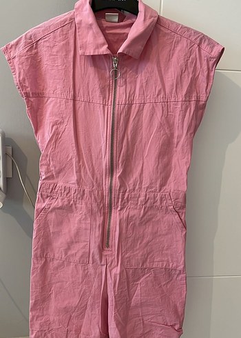 Pembe Keten Fermuarlı Tulum