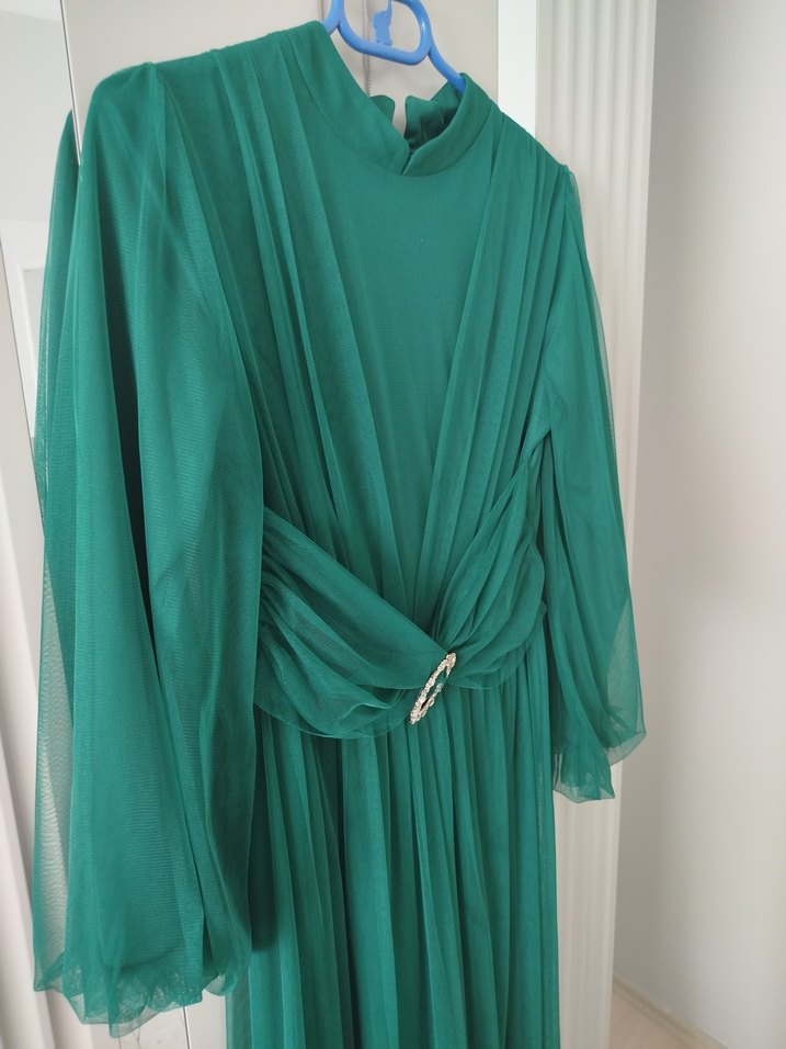 Drapeli Uzun Yeşil Abiye Elbise - Görsel 2