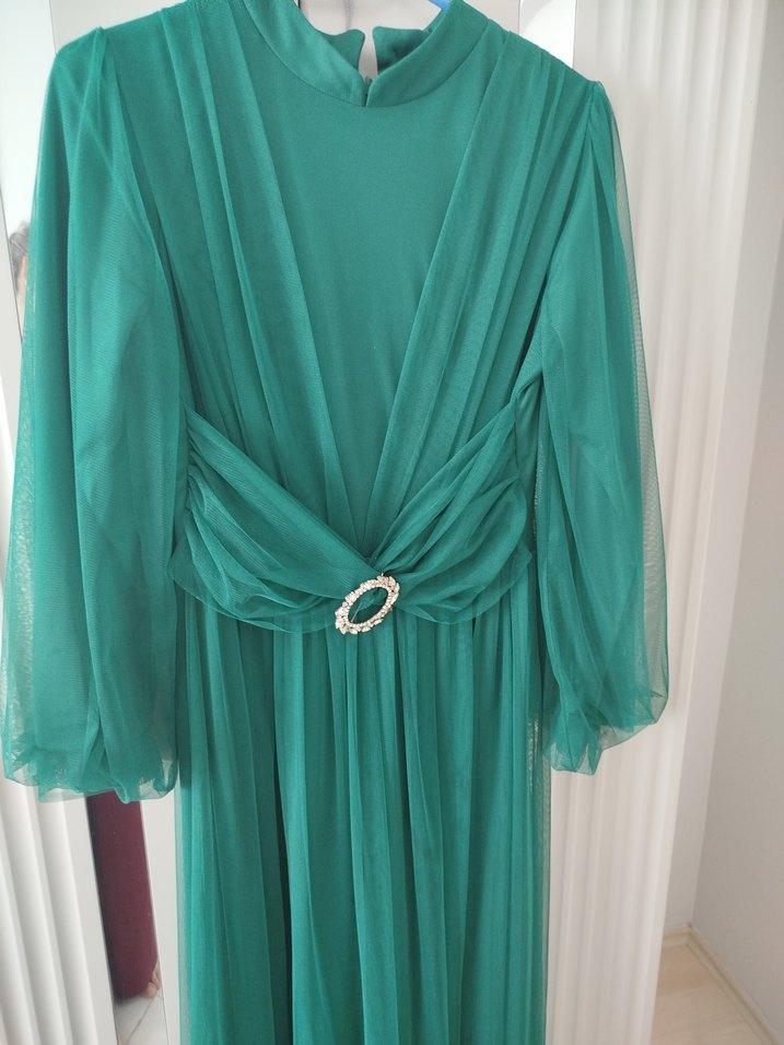 Drapeli Uzun Yeşil Abiye Elbise - Görsel 3