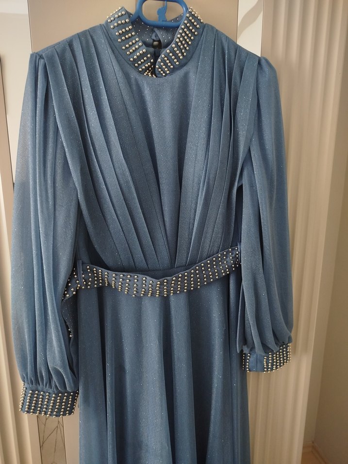 Mavi Drapeli Uzun Abiye Elbise - Görsel 4