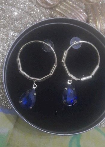 Mavi Midi Taşlı Halka Küpe - Görsel 2