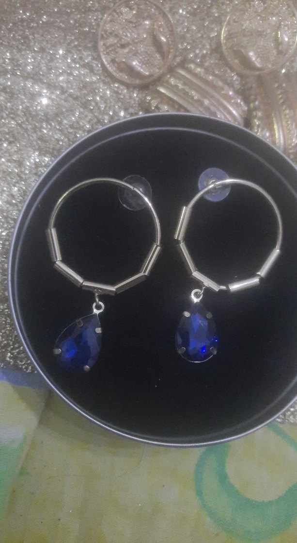 Mavi Midi Taşlı Halka Küpe - Görsel 2