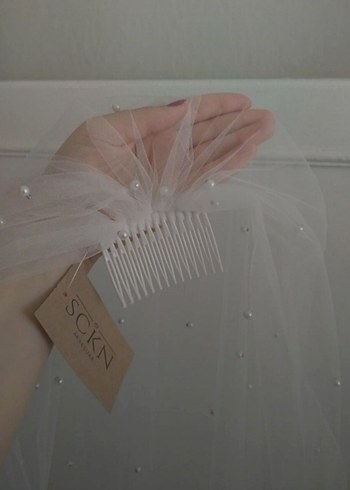Beden beyaz Renk İnci Detaylı Beyaz Drape Gelin Duvağı
