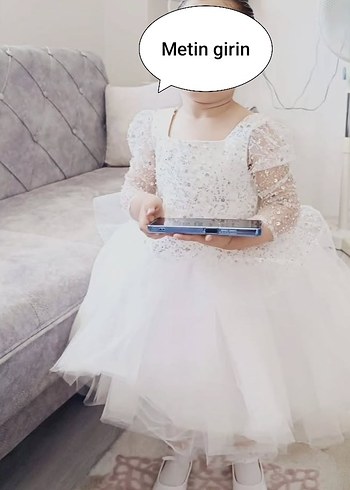 Kız Çocuk Beyaz Uzun Kollu Fırfırlı Gelinlik - Görsel 3