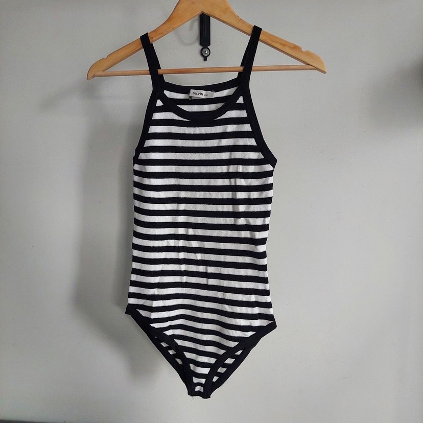 Siyah-Beyaz Çizgili İnce Askılı Body - Görsel 3