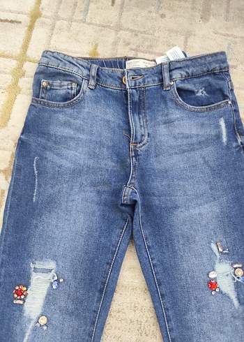 11-12 Yaş Beden mavi Renk Nakışlı Kadın Mavi Denim Mom Jean