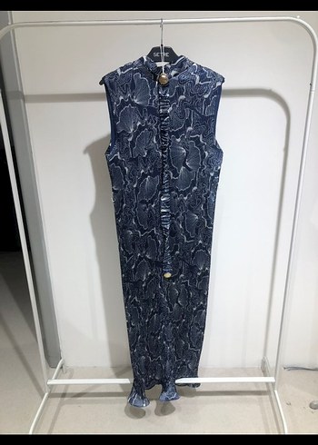 Gri Yılan Desenli Yüksek Yakalı Uzun Elbise setrw marka - Görsel 5