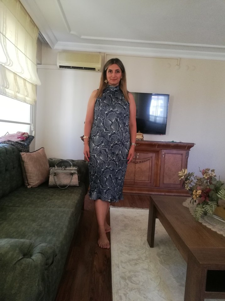 Gri Yılan Desenli Yüksek Yakalı Uzun Elbise setrw marka - Görsel 2