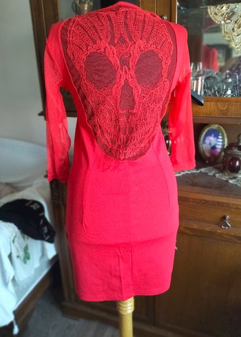 Kırmızı Dantel Detaylı Gotik Kadın Triko Elbise - Görsel 4