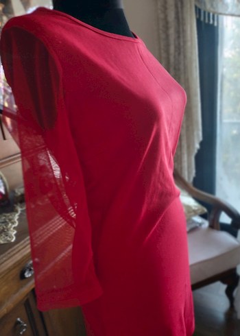 Kırmızı Dantel Detaylı Gotik Kadın Triko Elbise - Görsel 7