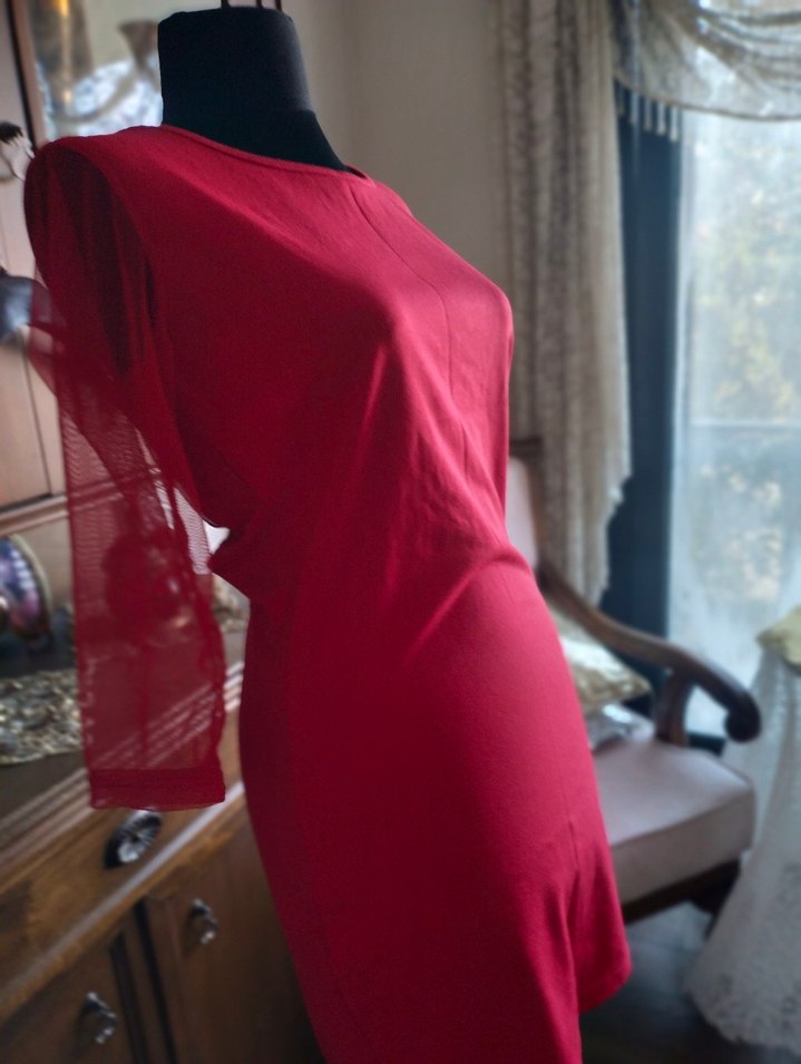 Kırmızı Dantel Detaylı Gotik Kadın Triko Elbise - Görsel 3