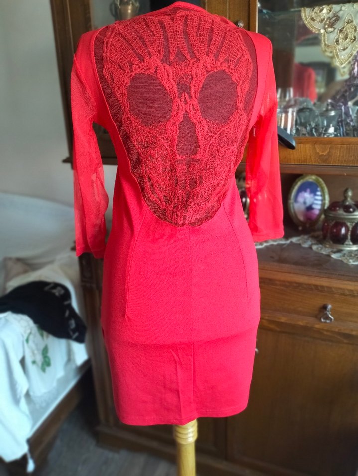 Kırmızı Dantel Detaylı Gotik Kadın Triko Elbise - Görsel 4