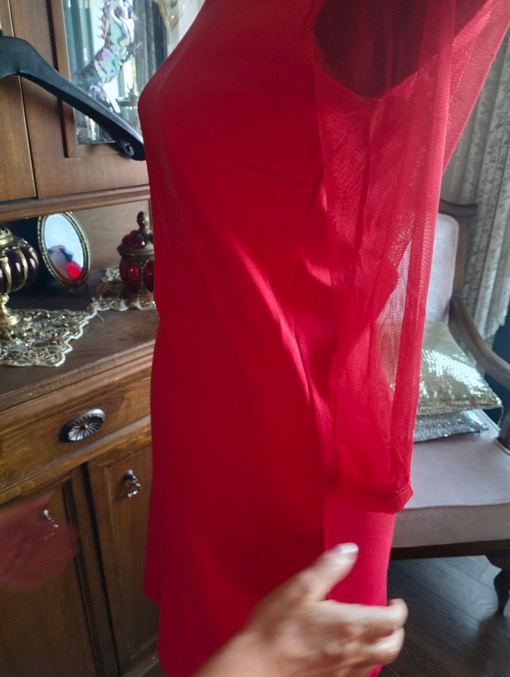 Kırmızı Dantel Detaylı Gotik Kadın Triko Elbise - Görsel 5