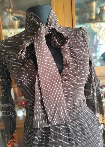 Uzun Kollu Kahverengi Örme Bohem Elbise - Görsel 5