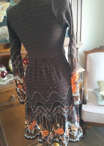 Uzun Kollu Kahverengi Örme Bohem Elbise - Görsel 6