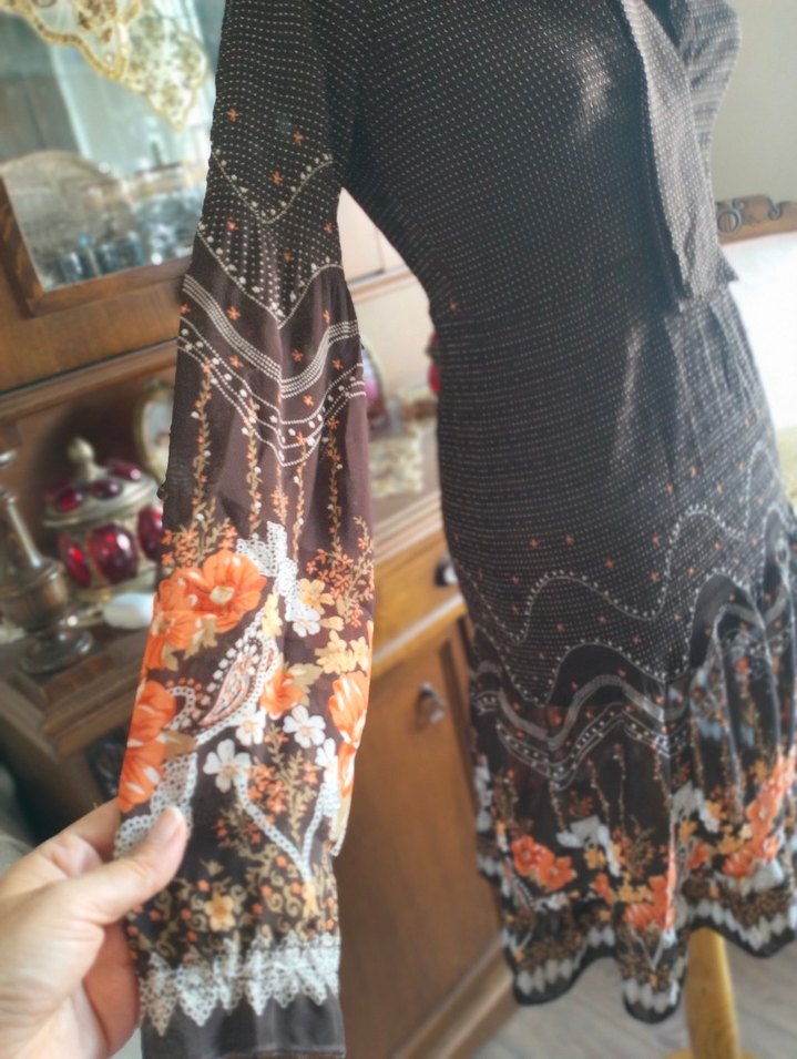 Uzun Kollu Kahverengi Örme Bohem Elbise - Görsel 4