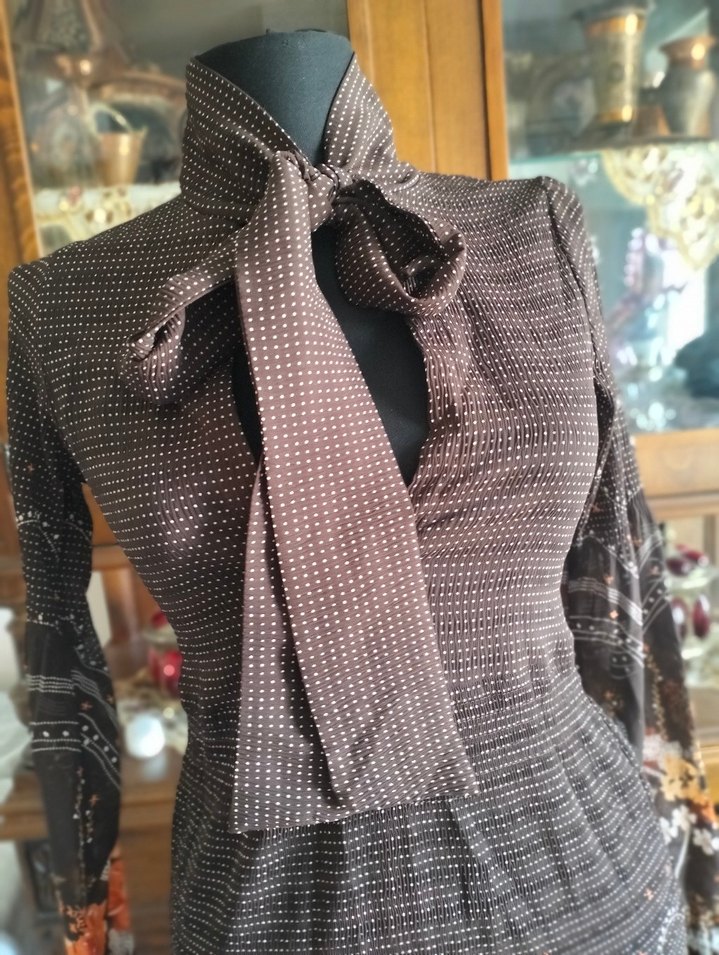 Uzun Kollu Kahverengi Örme Bohem Elbise - Görsel 5